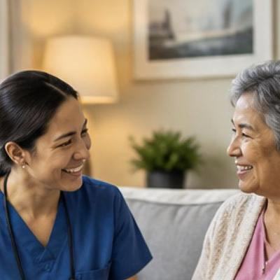 A caregiver going through a medication organizer with a client