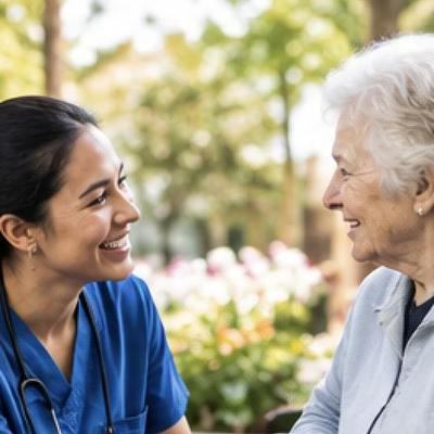 A nurse holding hands with a client outdoors