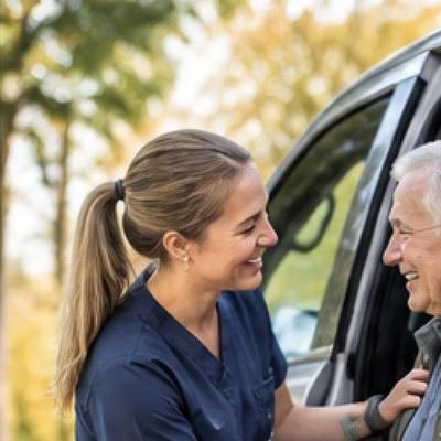 A caregiver helping a client into a vehicle